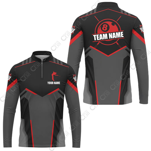 Customized 8 Ball Pool Stand Collar Quarter-Zip Long Sleeve Jersey, Billiards Man Vector 8-Ball, Billiards Jerseys