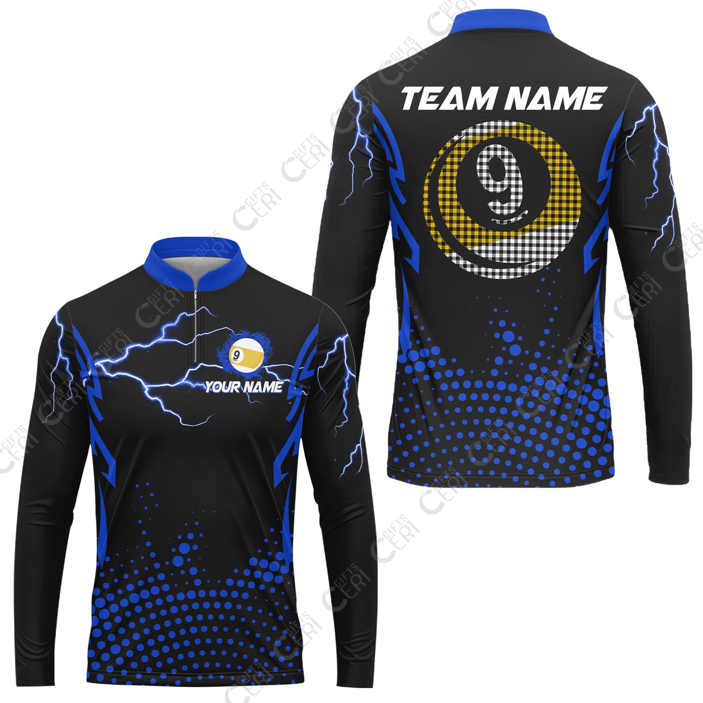 Customized Billiards  Stand Collar Quarter-Zip Long Sleeve Jersey, Lightning Graphics With Dots 9 Ball Pool Jersey
