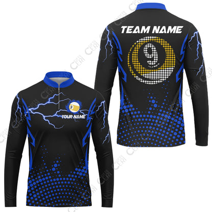 Customized Billiards  Stand Collar Quarter-Zip Long Sleeve Jersey, Lightning Graphics With Dots 9 Ball Pool Jersey