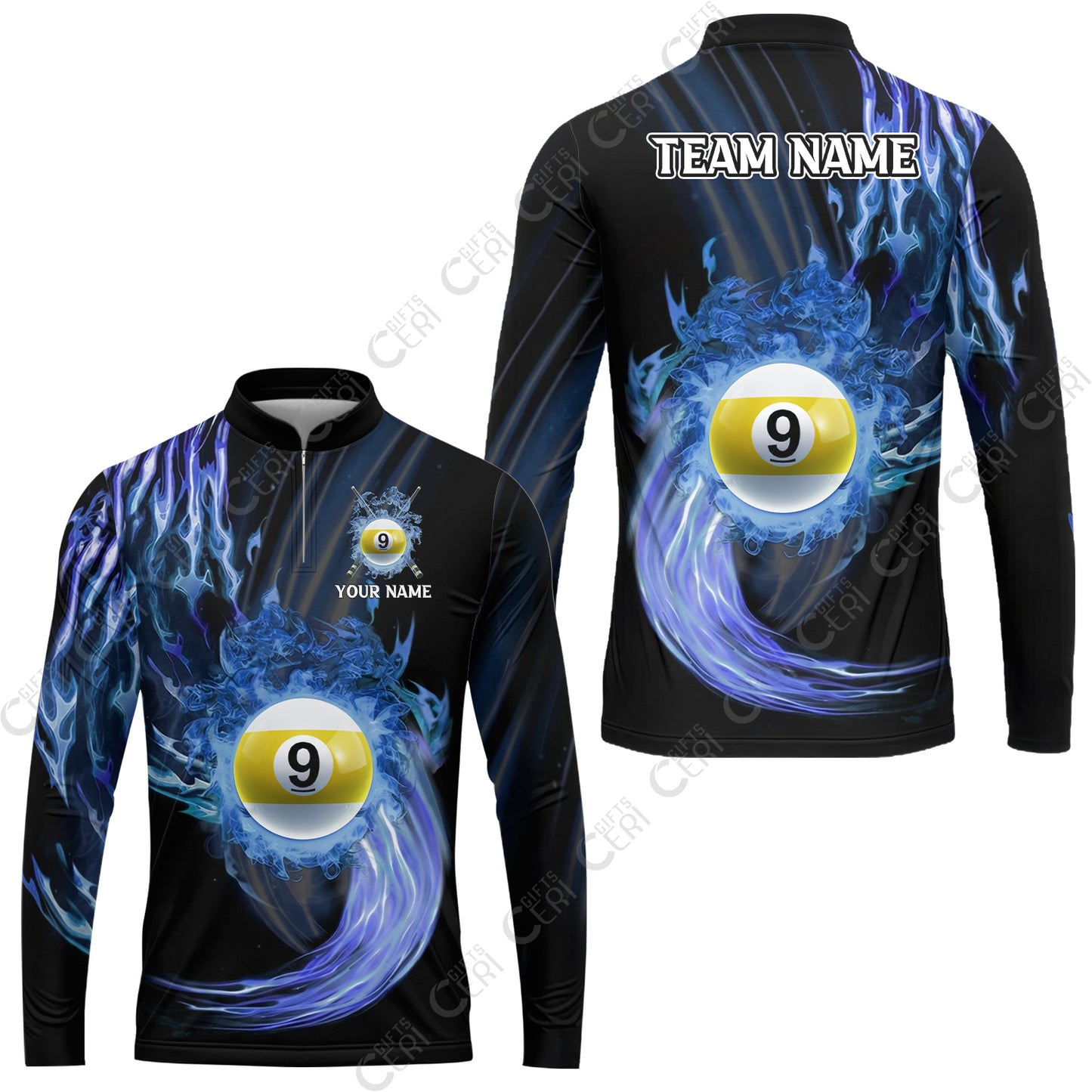 Customized 9 Ball Pool Stand Collar Quarter-Zip Long Sleeve Jersey, 9-Ball Swirling Fire And Glowing Smoke, Billiards Jerseys