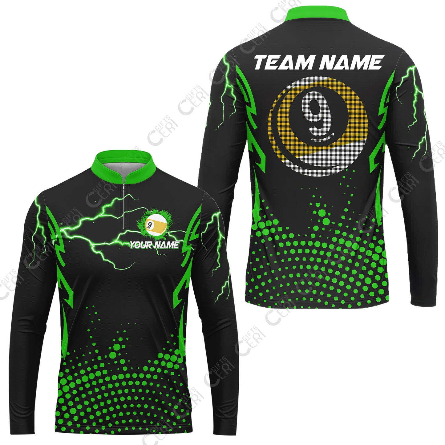 Customized Billiards  Stand Collar Quarter-Zip Long Sleeve Jersey, Lightning Graphics With Dots 9 Ball Pool Jersey