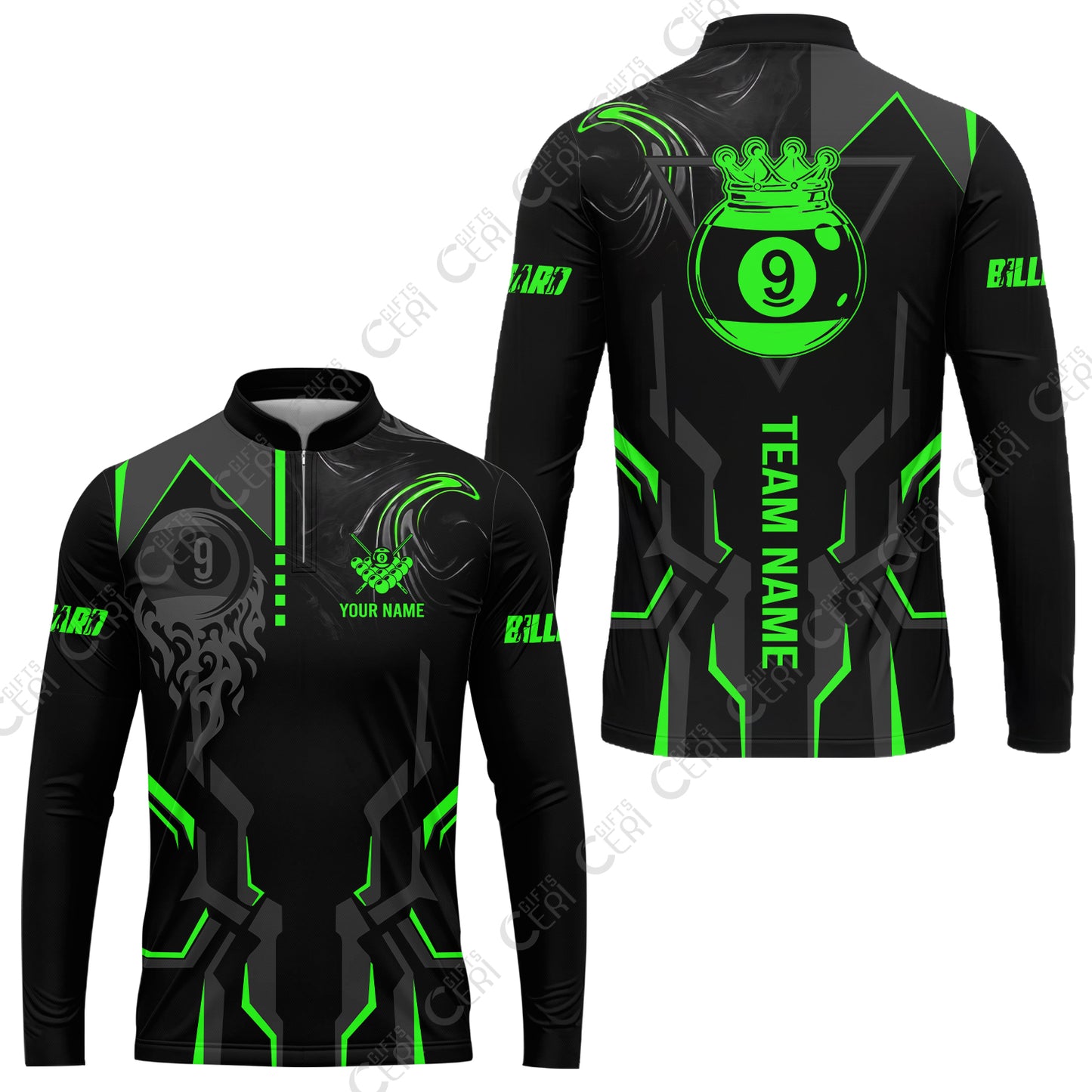 Customized 9 Ball Pool Stand Collar Quarter-Zip Long Sleeve Jersey, 9-Ball Liquid Effect Smoke, Billiard Jerseys