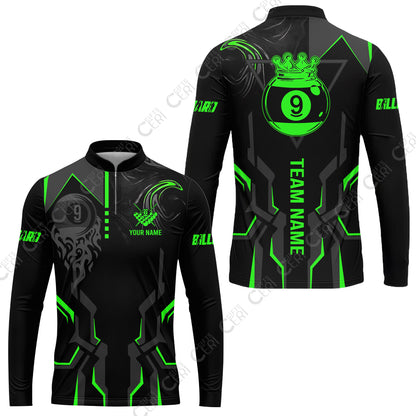 Customized 9 Ball Pool Stand Collar Quarter-Zip Long Sleeve Jersey, 9-Ball Liquid Effect Smoke, Billiard Jerseys
