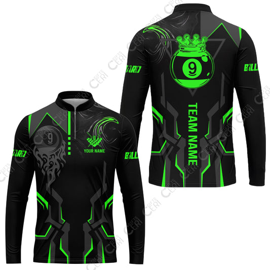 Customized 9 Ball Pool Stand Collar Quarter-Zip Long Sleeve Jersey, 9-Ball Liquid Effect Smoke, Billiard Jerseys