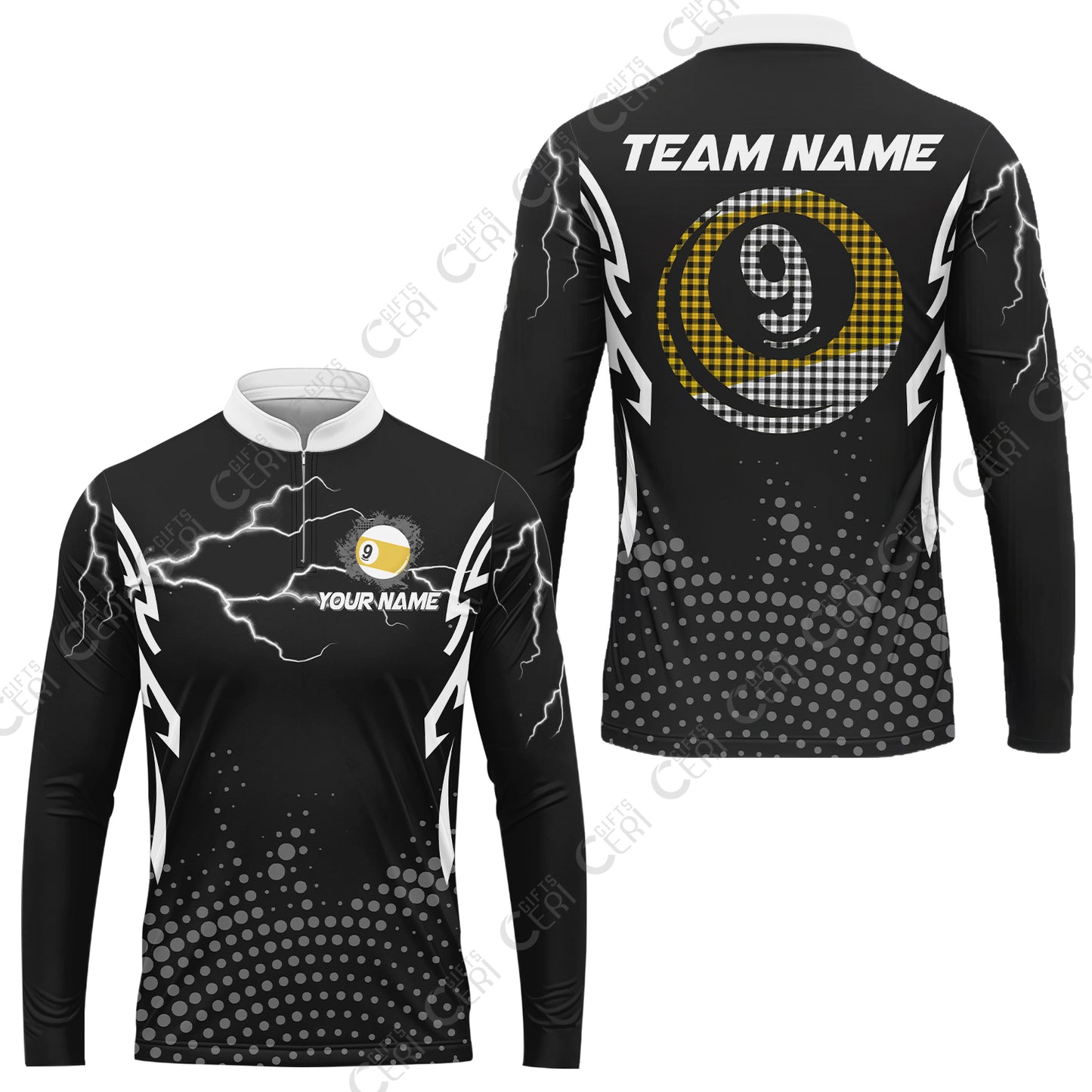Customized Billiards  Stand Collar Quarter-Zip Long Sleeve Jersey, Lightning Graphics With Dots 9 Ball Pool Jersey