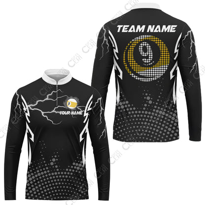Customized Billiards  Stand Collar Quarter-Zip Long Sleeve Jersey, Lightning Graphics With Dots 9 Ball Pool Jersey