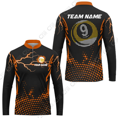 Customized Billiards  Stand Collar Quarter-Zip Long Sleeve Jersey, Lightning Graphics With Dots 9 Ball Pool Jersey