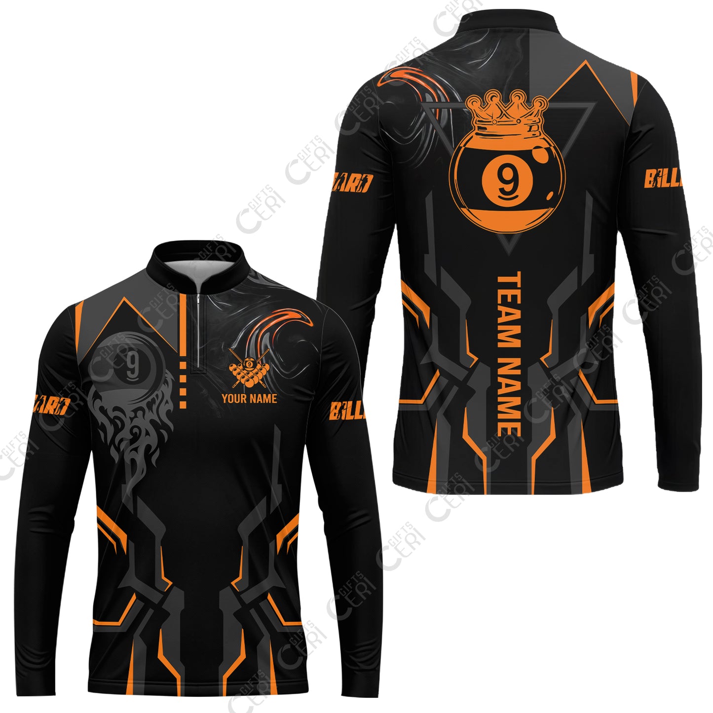 Customized 9 Ball Pool Stand Collar Quarter-Zip Long Sleeve Jersey, 9-Ball Liquid Effect Smoke, Billiard Jerseys