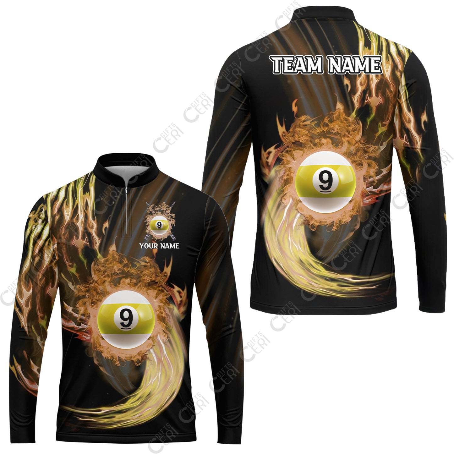 Customized 9 Ball Pool Stand Collar Quarter-Zip Long Sleeve Jersey, 9-Ball Swirling Fire And Glowing Smoke, Billiards Jerseys
