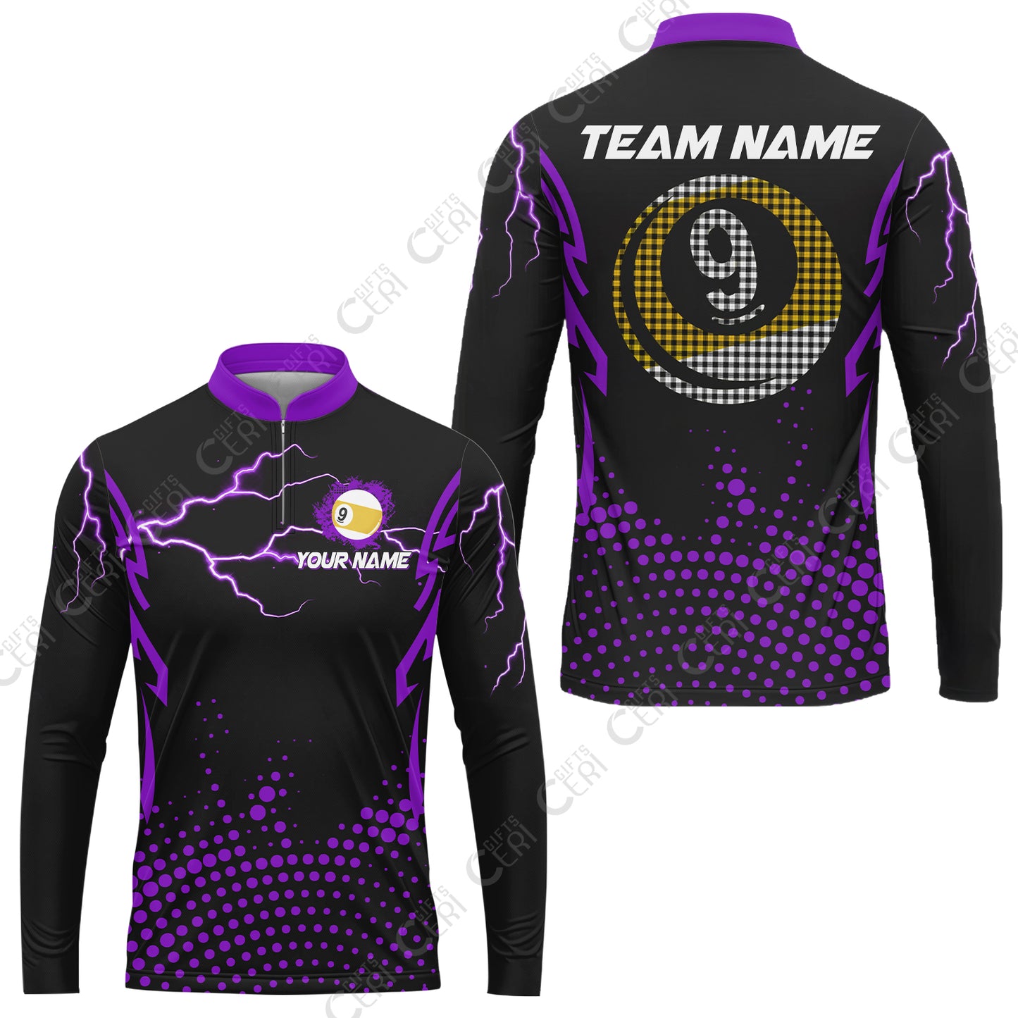 Customized Billiards  Stand Collar Quarter-Zip Long Sleeve Jersey, Lightning Graphics With Dots 9 Ball Pool Jersey