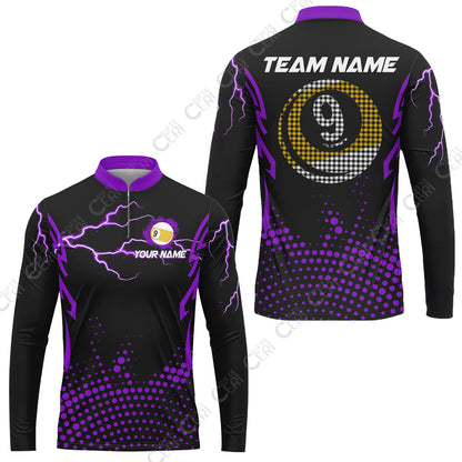Customized Billiards  Stand Collar Quarter-Zip Long Sleeve Jersey, Lightning Graphics With Dots 9 Ball Pool Jersey