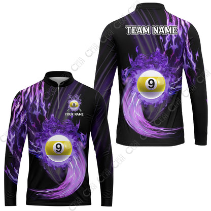 Customized 9 Ball Pool Stand Collar Quarter-Zip Long Sleeve Jersey, 9-Ball Swirling Fire And Glowing Smoke, Billiards Jerseys