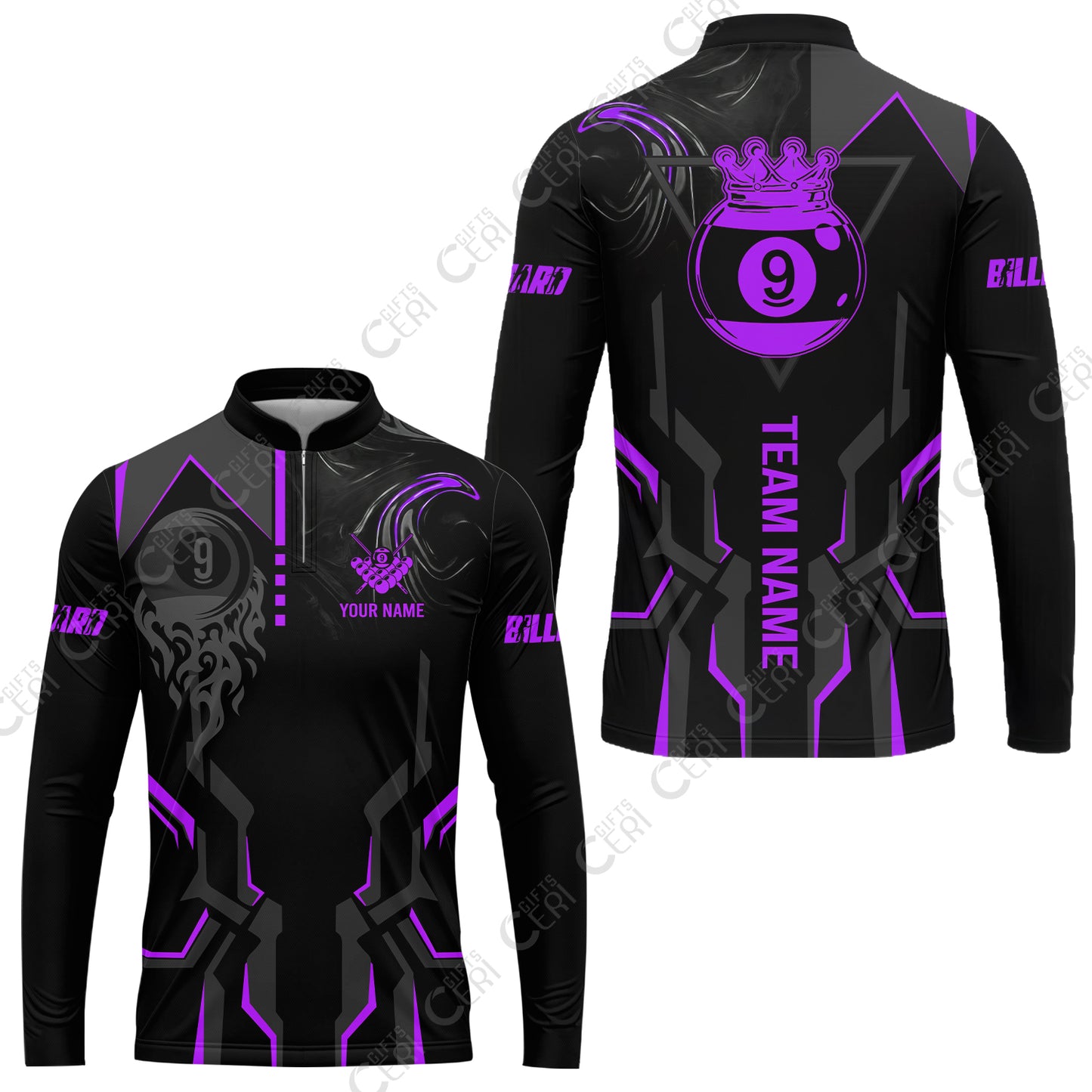 Customized 9 Ball Pool Stand Collar Quarter-Zip Long Sleeve Jersey, 9-Ball Liquid Effect Smoke, Billiard Jerseys