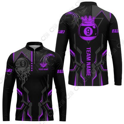 Customized 9 Ball Pool Stand Collar Quarter-Zip Long Sleeve Jersey, 9-Ball Liquid Effect Smoke, Billiard Jerseys