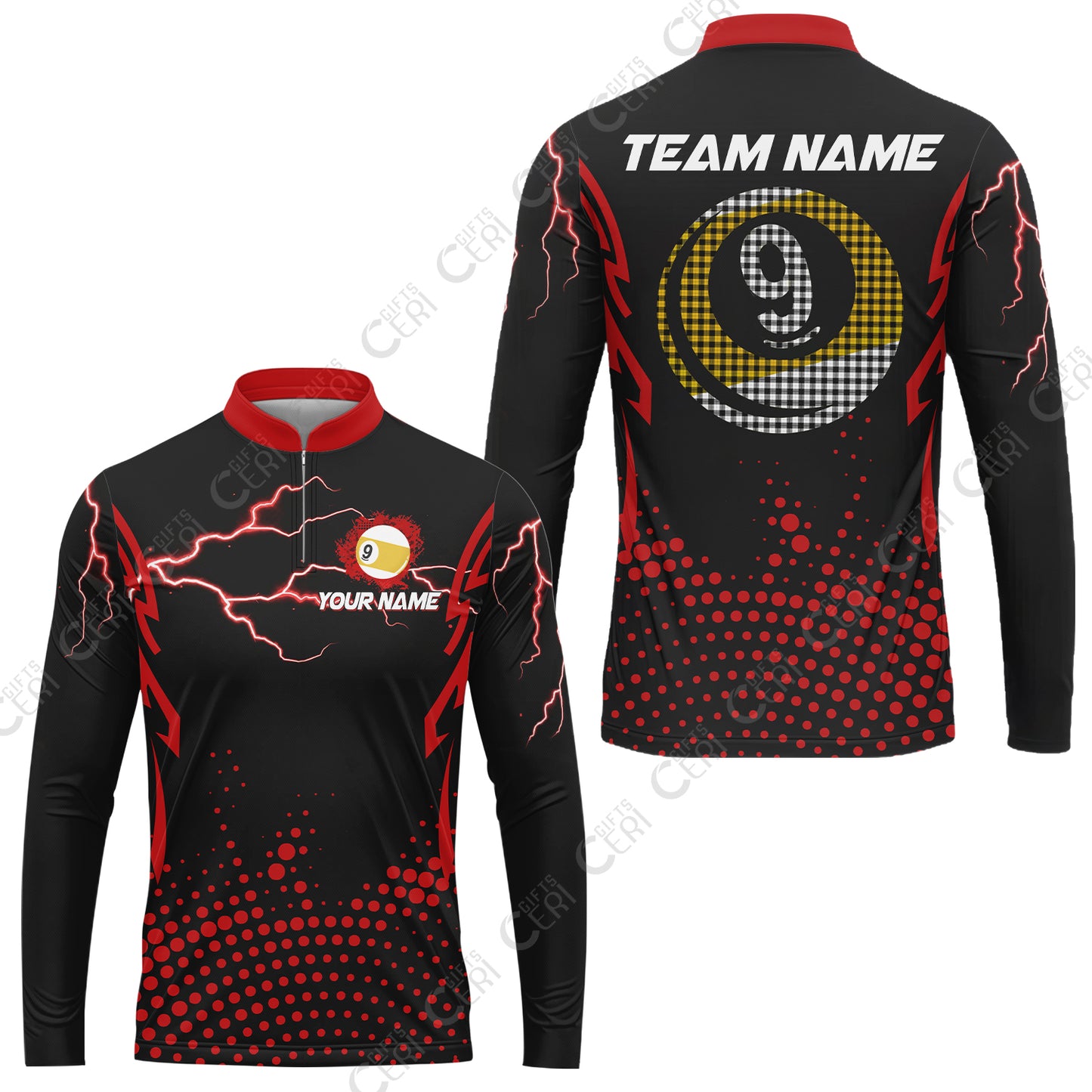 Customized Billiards  Stand Collar Quarter-Zip Long Sleeve Jersey, Lightning Graphics With Dots 9 Ball Pool Jersey