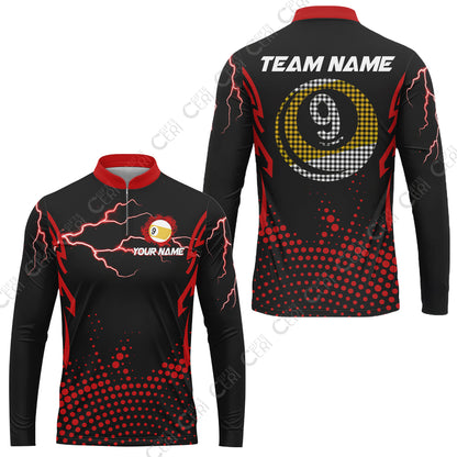Customized Billiards  Stand Collar Quarter-Zip Long Sleeve Jersey, Lightning Graphics With Dots 9 Ball Pool Jersey