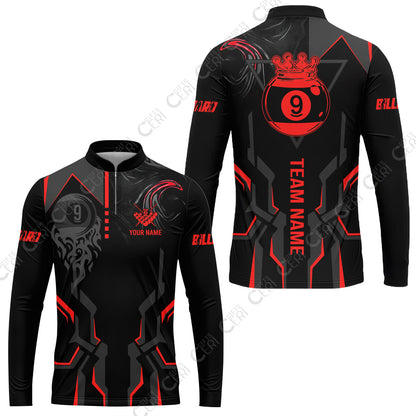 Customized 9 Ball Pool Stand Collar Quarter-Zip Long Sleeve Jersey, 9-Ball Liquid Effect Smoke, Billiard Jerseys