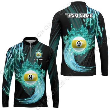Customized 9 Ball Pool Stand Collar Quarter-Zip Long Sleeve Jersey, 9-Ball Swirling Fire And Glowing Smoke, Billiards Jerseys