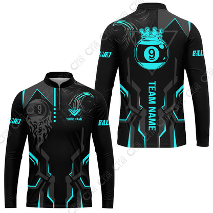 Customized 9 Ball Pool Stand Collar Quarter-Zip Long Sleeve Jersey, 9-Ball Liquid Effect Smoke, Billiard Jerseys