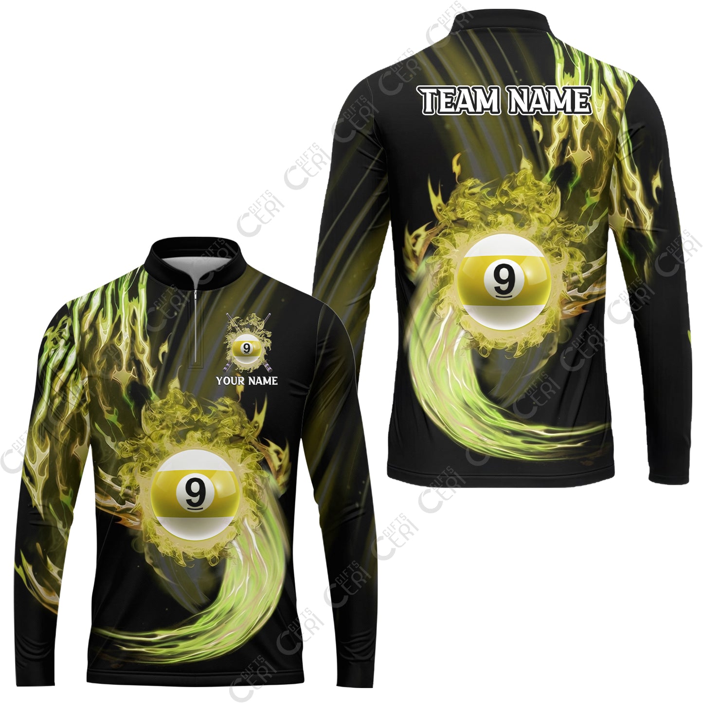 Customized 9 Ball Pool Stand Collar Quarter-Zip Long Sleeve Jersey, 9-Ball Swirling Fire And Glowing Smoke, Billiards Jerseys