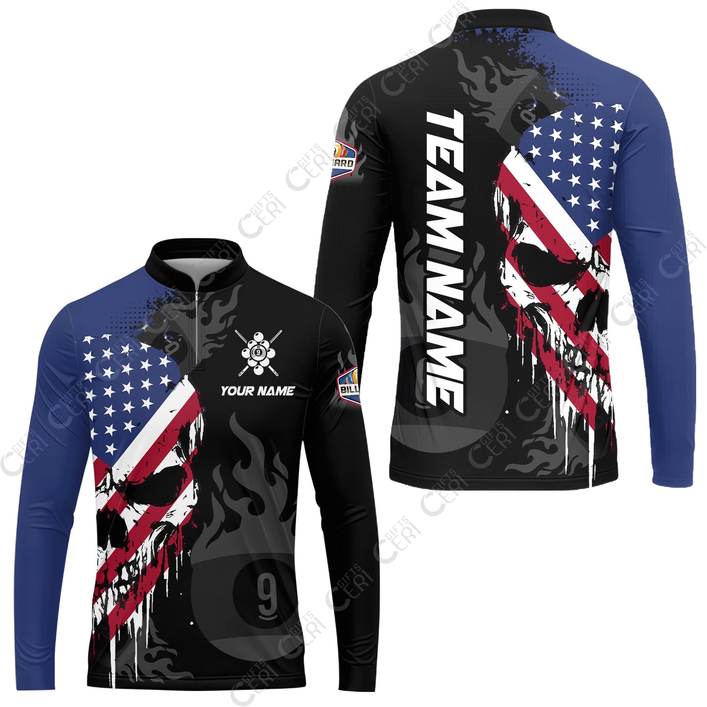 Customized 9 Ball Pool Stand Collar Quarter-Zip Long Sleeve Jersey, Billiards 9-Ball Flame And The Skull With American Flag, Billiards Jerseys