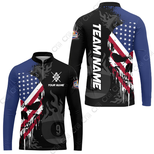 Customized 9 Ball Pool Stand Collar Quarter-Zip Long Sleeve Jersey, Billiards 9-Ball Flame And The Skull With American Flag, Billiards Jerseys
