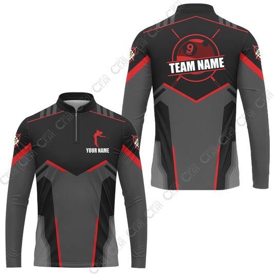 Customized 9 Ball Pool Stand Collar Quarter-Zip Long Sleeve Jersey, Billiards Man Vector 9-Ball, Billiards Jerseys