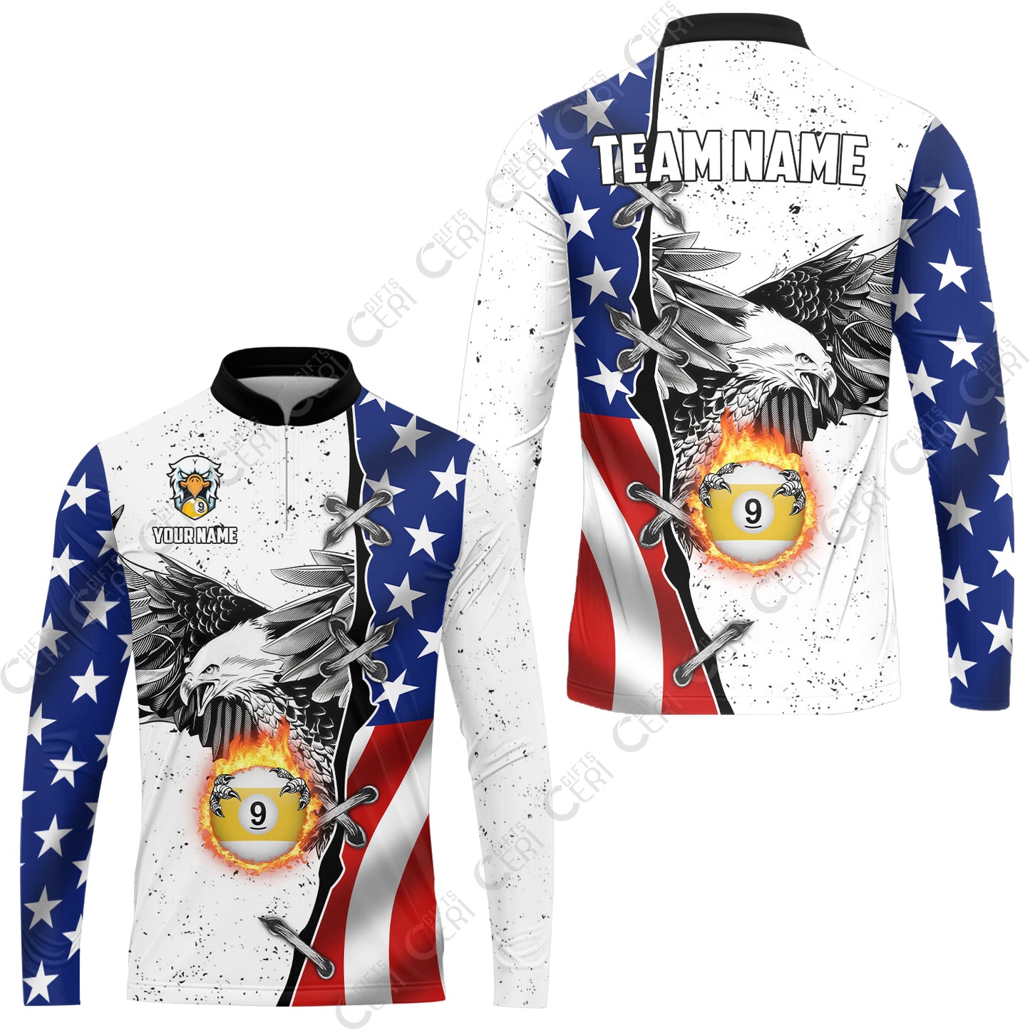 Customized Billiards Stand Collar Quarter-Zip Long Sleeve Jersey, US Flag White Eagle Flame Pin Dust Pattern 9 Ball Jersey
