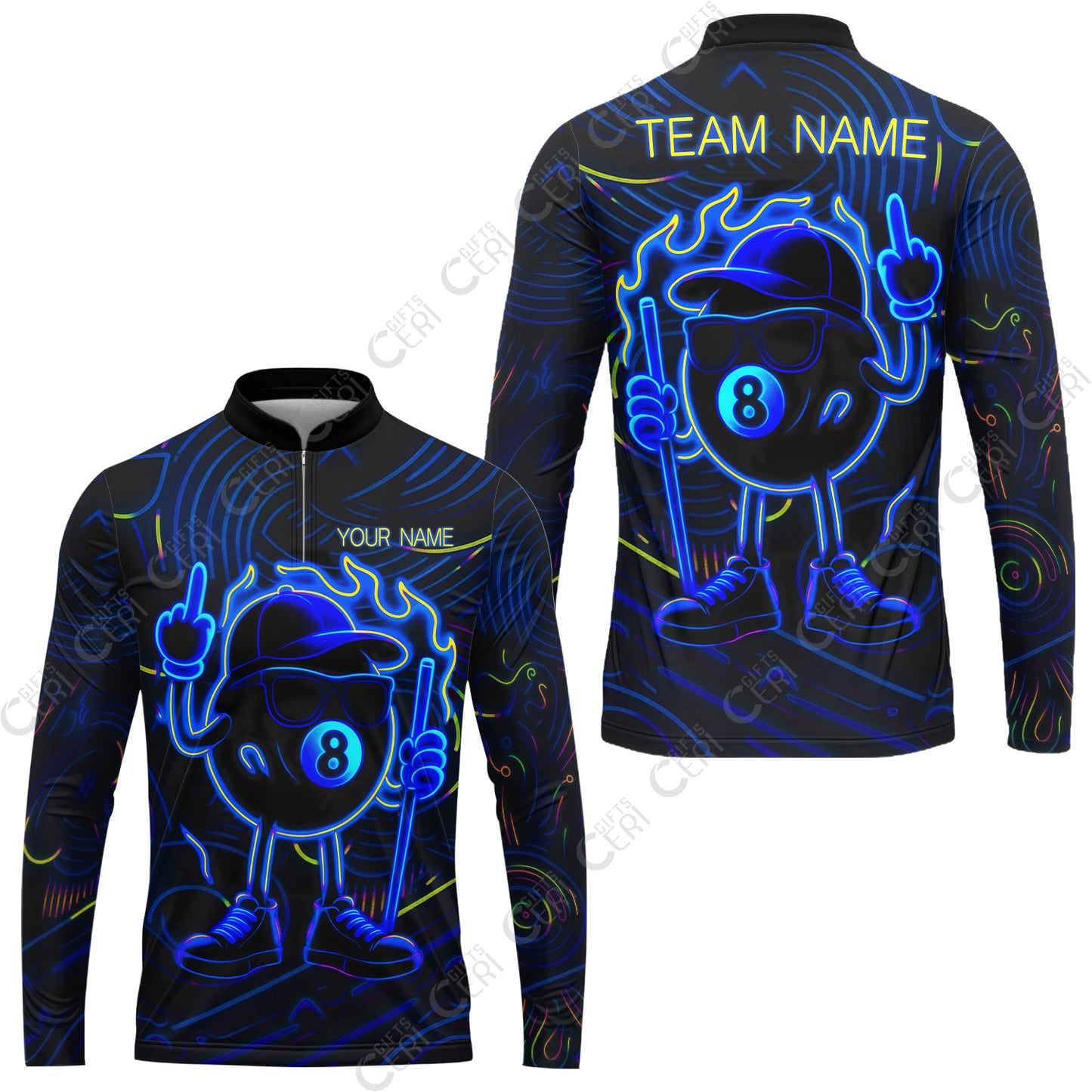 Customized 8 Ball Pool Stand Collar Quarter-Zip Long Sleeve Jersey, 8-Ball Billiard Neon Cartoon Flaming, Billiard Jerseys