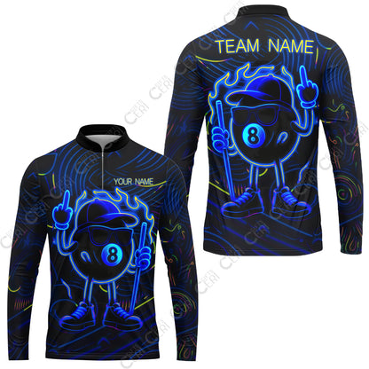 Customized 8 Ball Pool Stand Collar Quarter-Zip Long Sleeve Jersey, 8-Ball Billiard Neon Cartoon Flaming, Billiard Jerseys