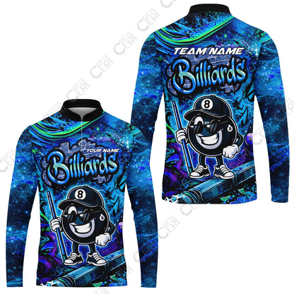 Customized Billiards Stand Collar Quarter-Zip Long Sleeve Jersey, Personalized Street Graffiti 8 Ball Jersey Gift For Billiard Players