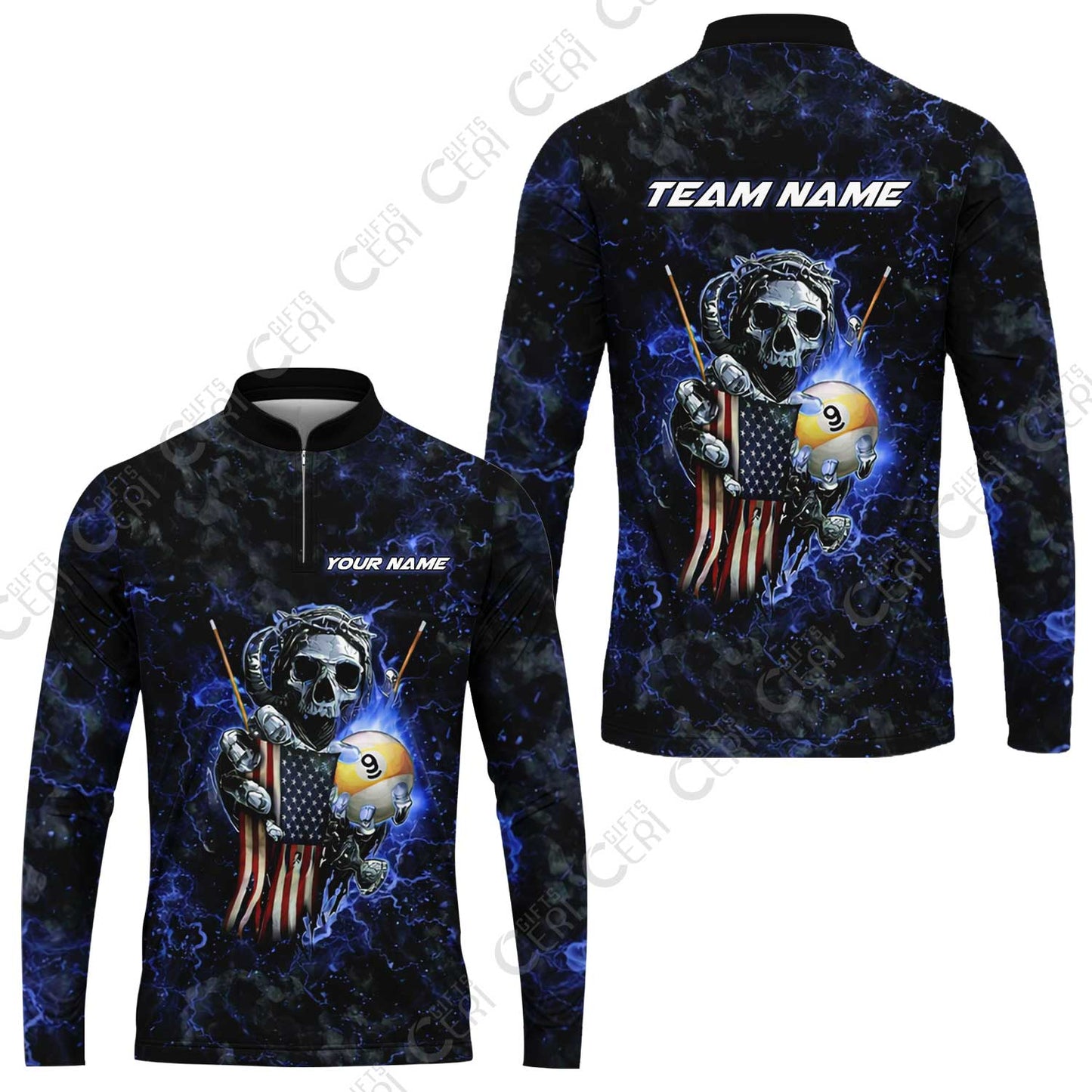 Customized Billiards Stand Collar Quarter-Zip Long Sleeve Jersey, Personalized Ghost Break 9 Ball Jersey Gift For Billiard Players