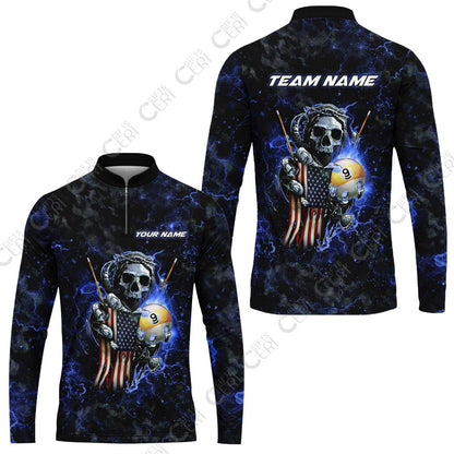 Customized Billiards Stand Collar Quarter-Zip Long Sleeve Jersey, Personalized Ghost Break 9 Ball Jersey Gift For Billiard Players