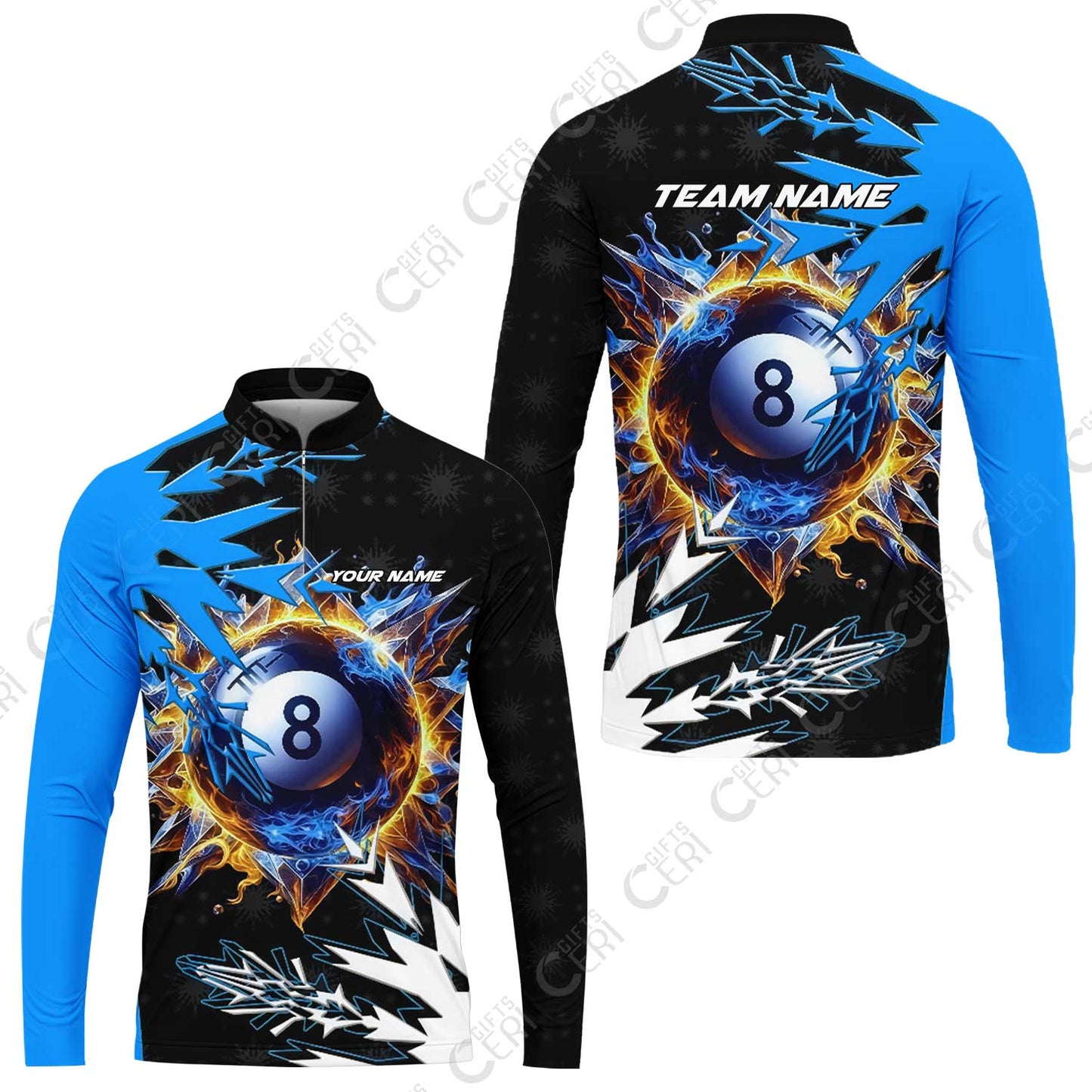 Customized Billiards Stand Collar Quarter-Zip Long Sleeve Jersey, Personalized Frostfire 8 Ball Jersey Gift For Billiard Players