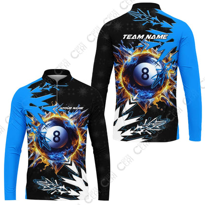 Customized Billiards Stand Collar Quarter-Zip Long Sleeve Jersey, Personalized Frostfire 8 Ball Jersey Gift For Billiard Players