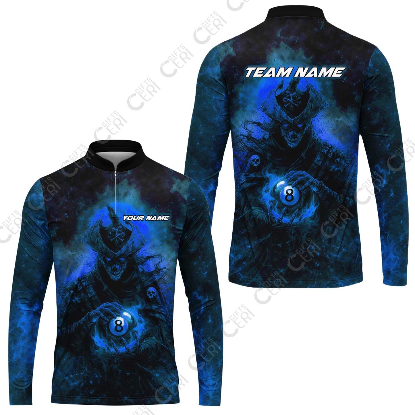 Customized Billiards Stand Collar Quarter-Zip Long Sleeve Jersey, Personalized Ghost Captains 8 Ball Jersey Gift For Billiard Players