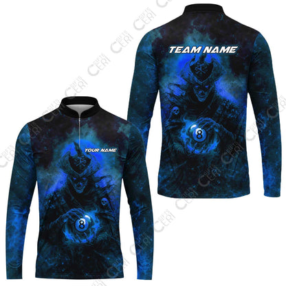 Customized Billiards Stand Collar Quarter-Zip Long Sleeve Jersey, Personalized Ghost Captains 8 Ball Jersey Gift For Billiard Players