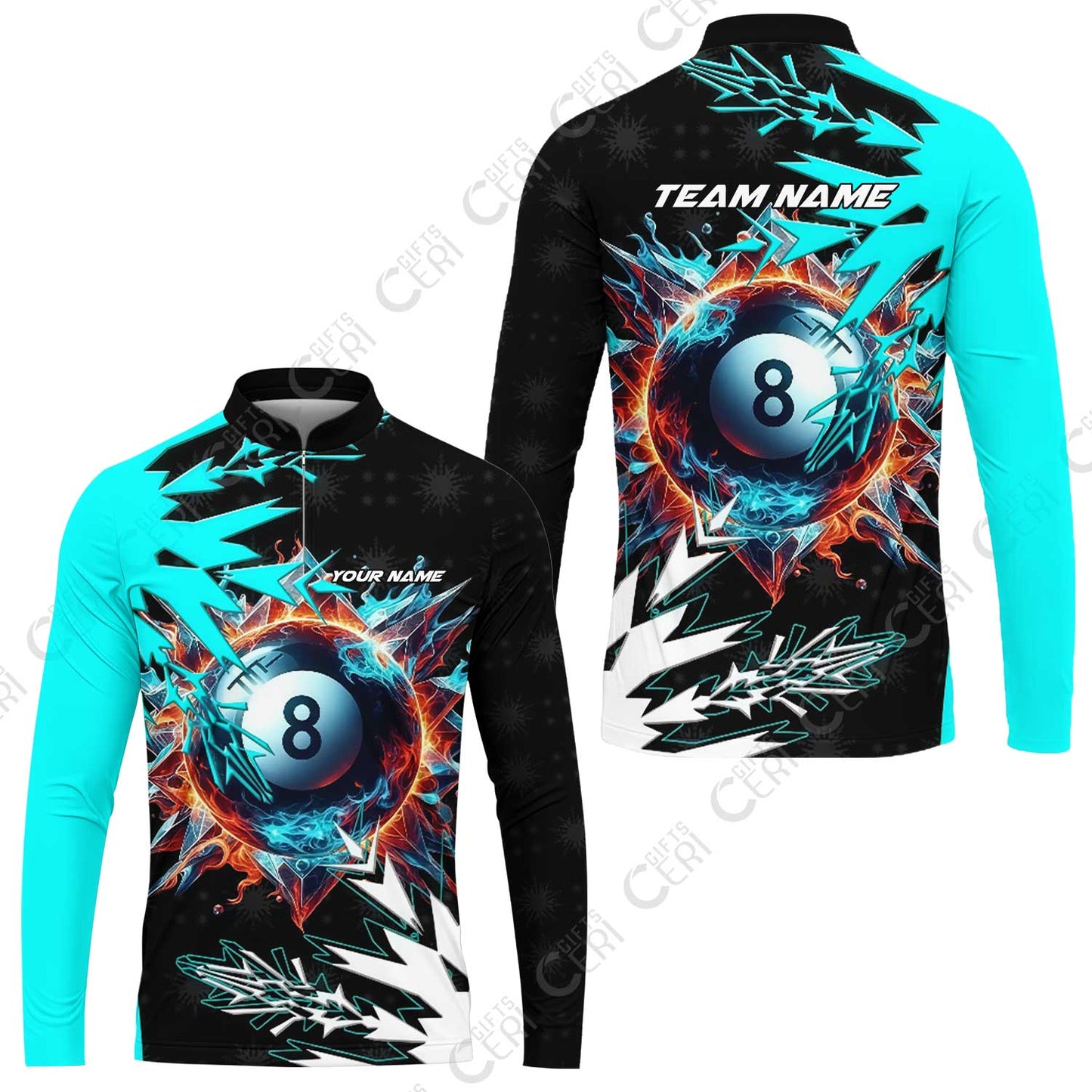 Customized Billiards Stand Collar Quarter-Zip Long Sleeve Jersey, Personalized Frostfire 8 Ball Jersey Gift For Billiard Players