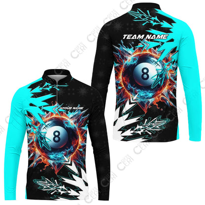Customized Billiards Stand Collar Quarter-Zip Long Sleeve Jersey, Personalized Frostfire 8 Ball Jersey Gift For Billiard Players