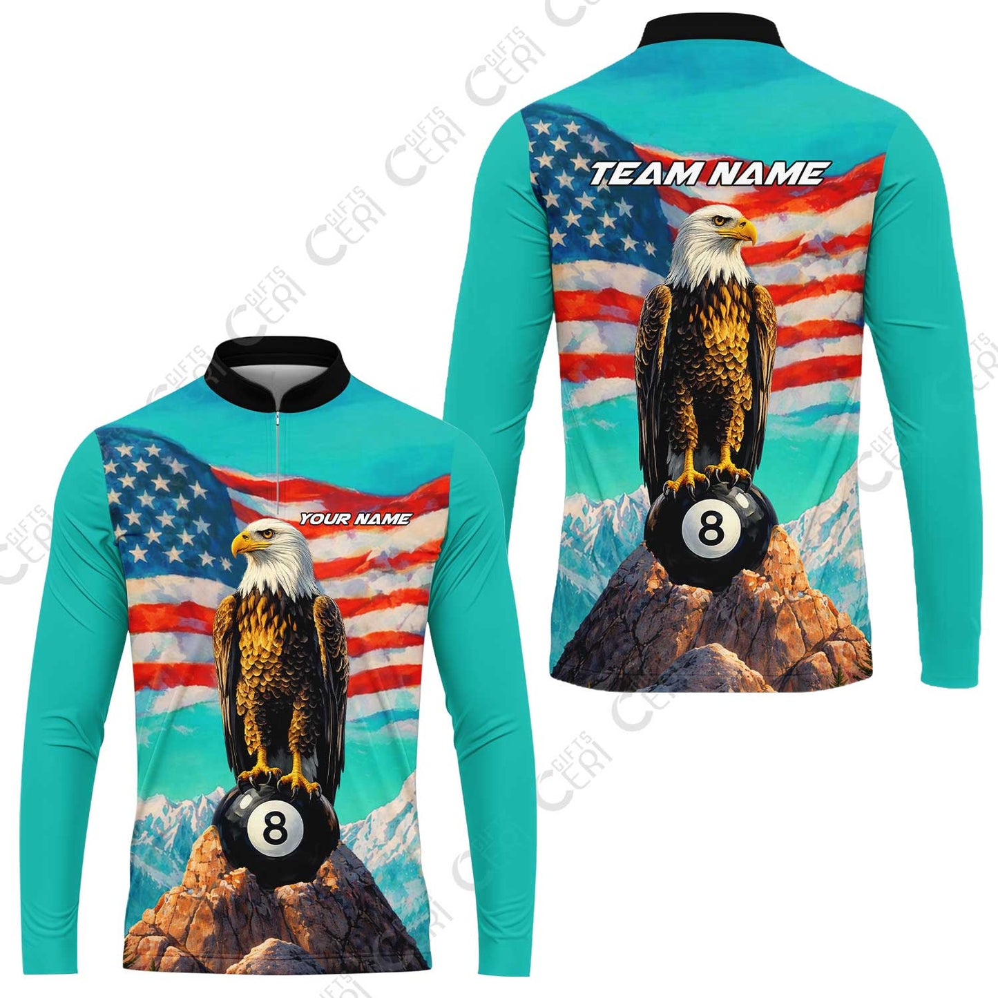 Customized Billiards Stand Collar Quarter-Zip Long Sleeve Jersey, Personalized American Flag With Eagle 8 Ball Jersey Gift For Billiard Players