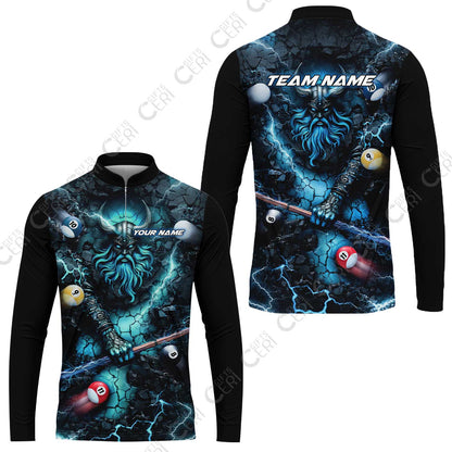 Customized Billiards Stand Collar Quarter-Zip Long Sleeve Jersey, Personalized Thunder Viking Billiards Jersey Gift For Billiard Players
