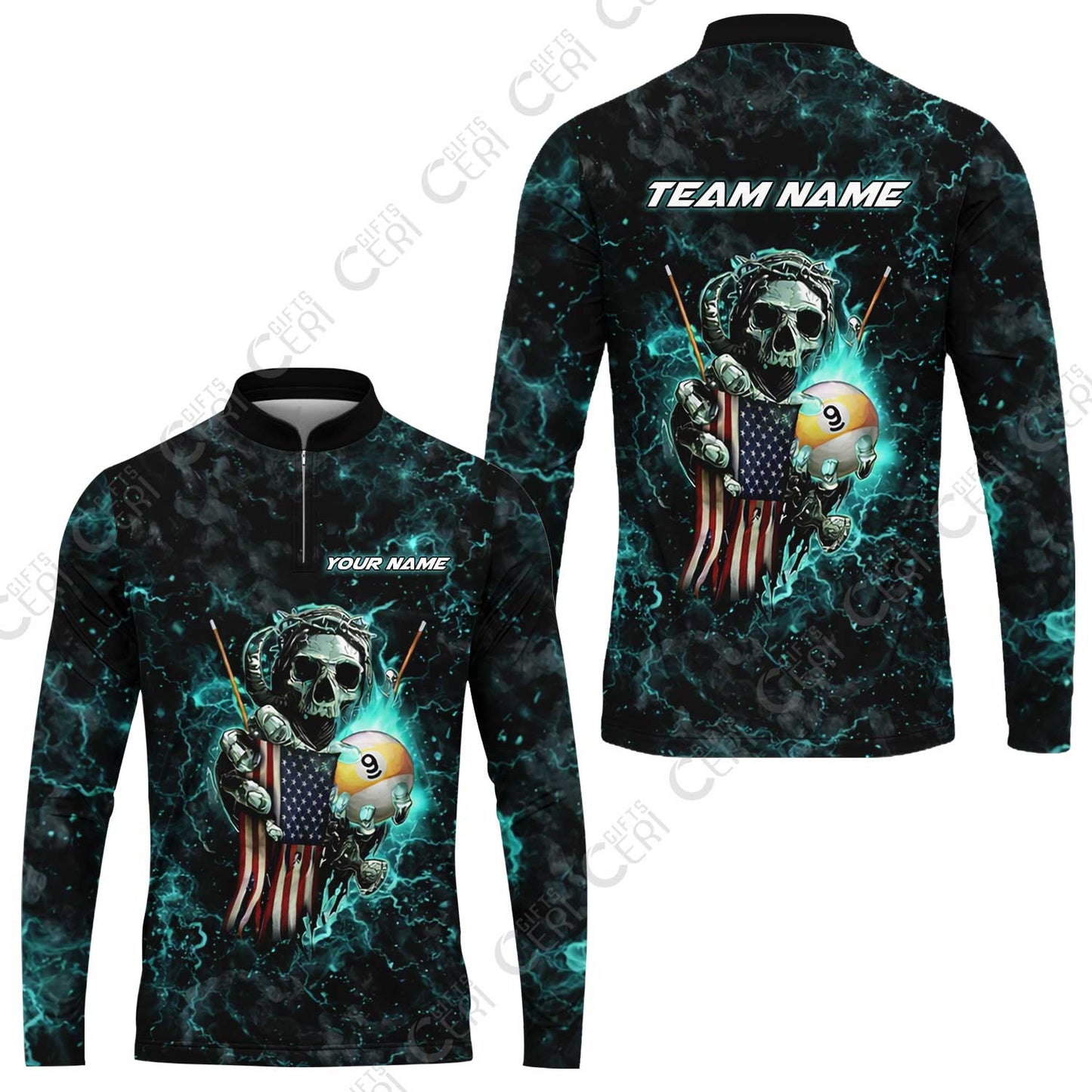 Customized Billiards Stand Collar Quarter-Zip Long Sleeve Jersey, Personalized Ghost Break 9 Ball Jersey Gift For Billiard Players