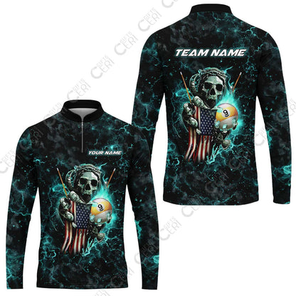 Customized Billiards Stand Collar Quarter-Zip Long Sleeve Jersey, Personalized Ghost Break 9 Ball Jersey Gift For Billiard Players