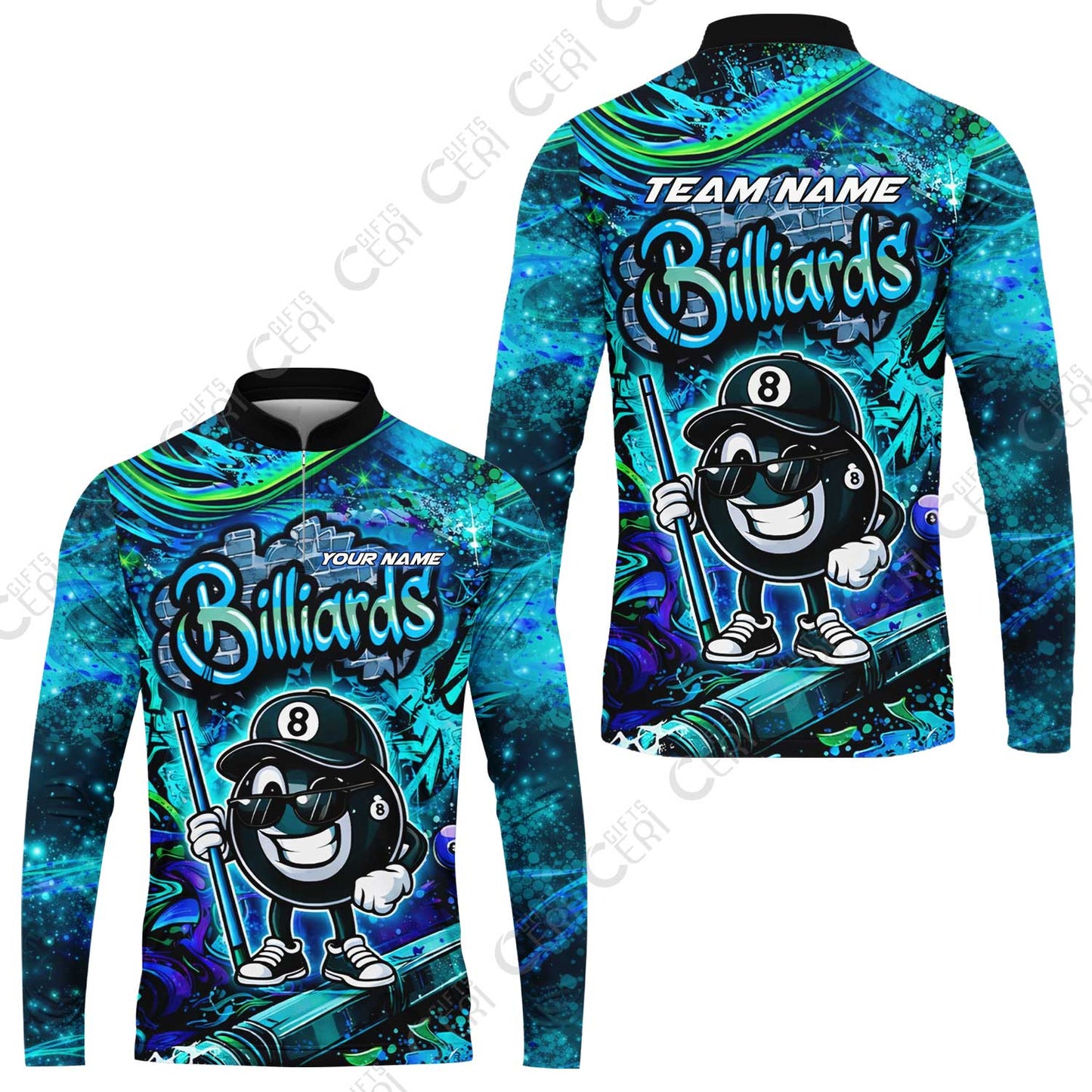 Customized Billiards Stand Collar Quarter-Zip Long Sleeve Jersey, Personalized Street Graffiti 8 Ball Jersey Gift For Billiard Players