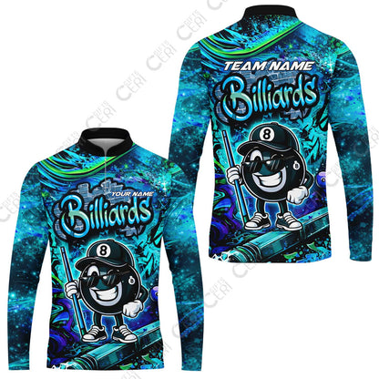 Customized Billiards Stand Collar Quarter-Zip Long Sleeve Jersey, Personalized Street Graffiti 8 Ball Jersey Gift For Billiard Players