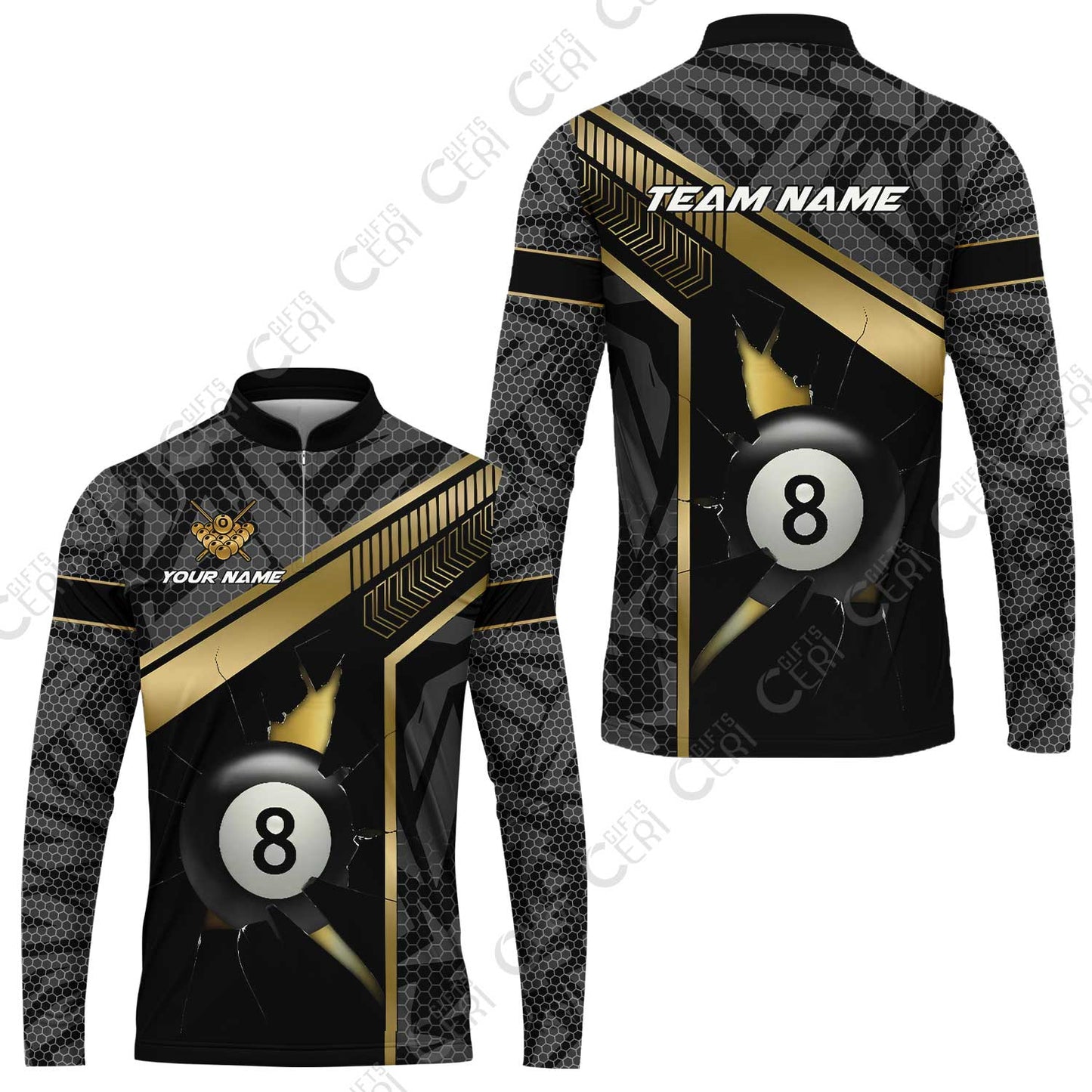 Customized Billiards Stand Collar Quarter-Zip Long Sleeve Jersey, Personalized Hexagonal Patterns With A Cracked Glass 8 Ball Jersey