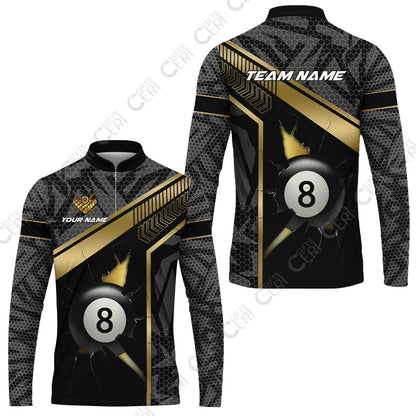 Customized Billiards Stand Collar Quarter-Zip Long Sleeve Jersey, Personalized Hexagonal Patterns With A Cracked Glass 8 Ball Jersey