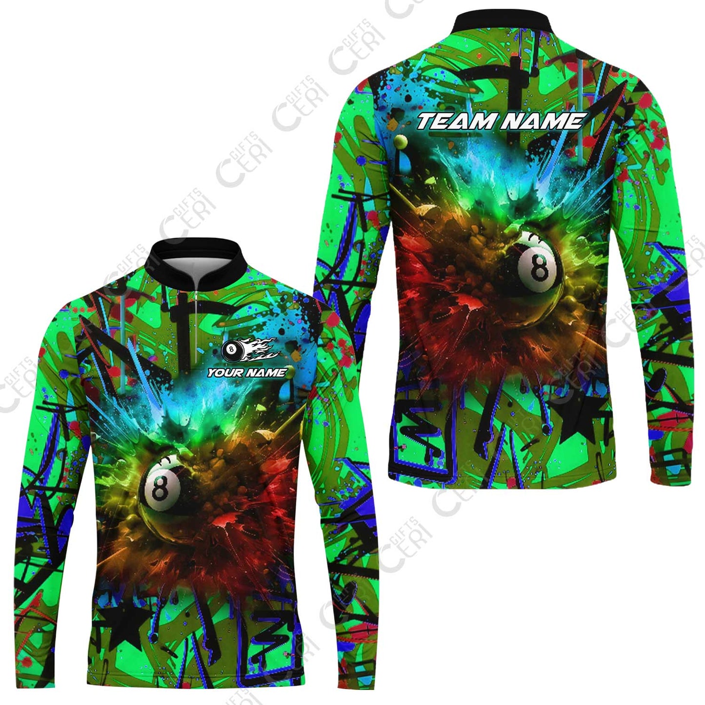 Customized Billiards Stand Collar Quarter-Zip Long Sleeve Jersey, Personalized Neon Chaos 8 Ball Jersey Gift For Billiard Players