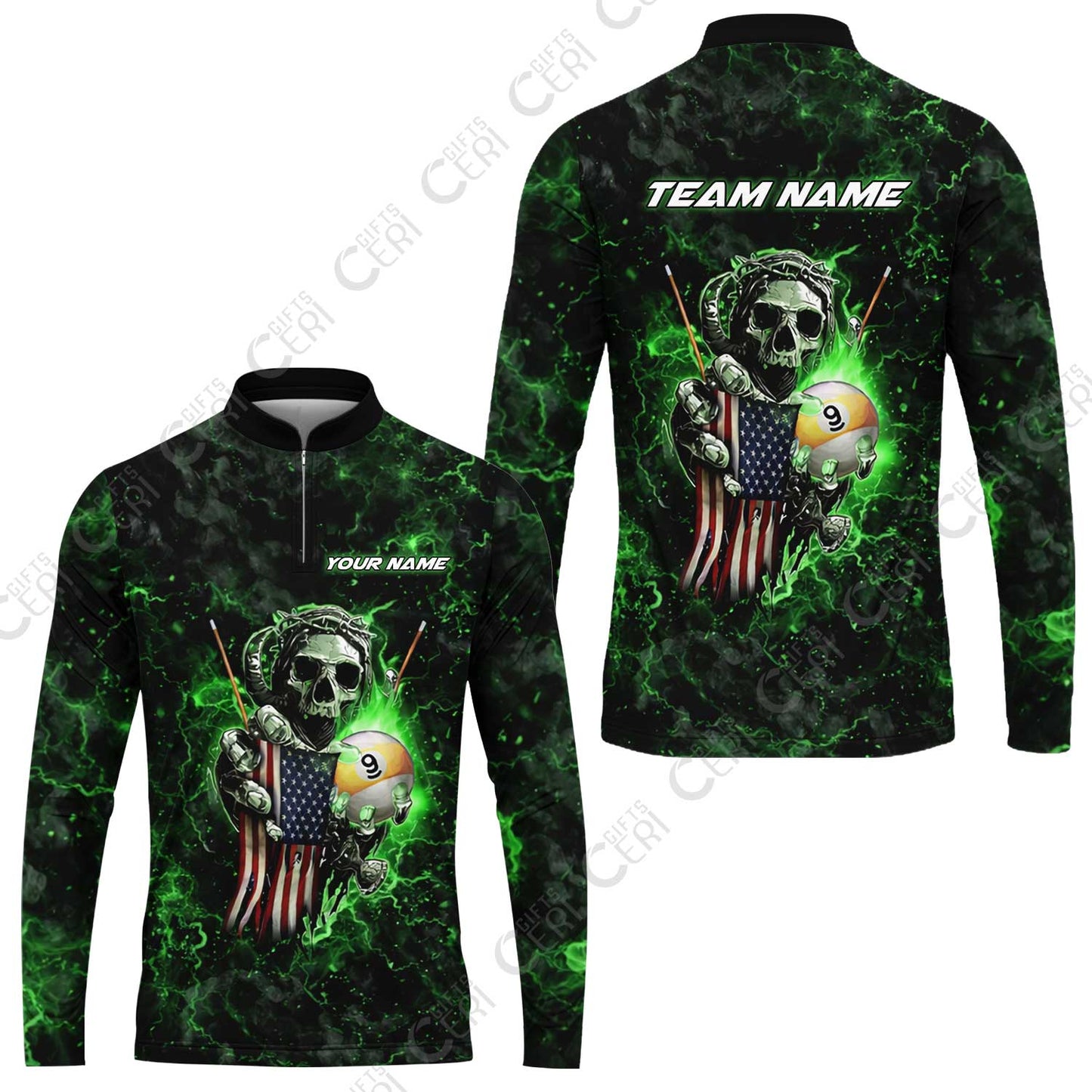 Customized Billiards Stand Collar Quarter-Zip Long Sleeve Jersey, Personalized Ghost Break 9 Ball Jersey Gift For Billiard Players
