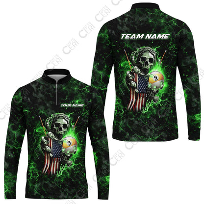 Customized Billiards Stand Collar Quarter-Zip Long Sleeve Jersey, Personalized Ghost Break 9 Ball Jersey Gift For Billiard Players